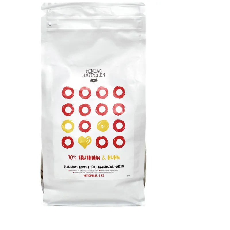 Neuheit Sparpaket 2 x 2 kg Mincas Häppchen 70 % Truthahn & Huhn Katzen Trockenfutter